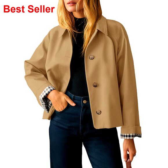 Cropped Trench Coat Lightweight Windproof Jacket Fall Outerwear